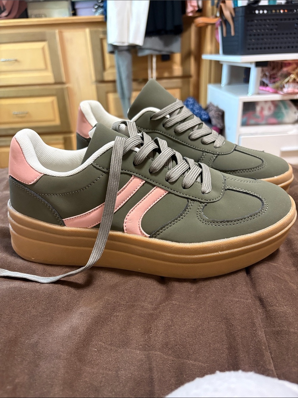 Olive Green and Pink Platform Lace-Up Sneakers for Women
